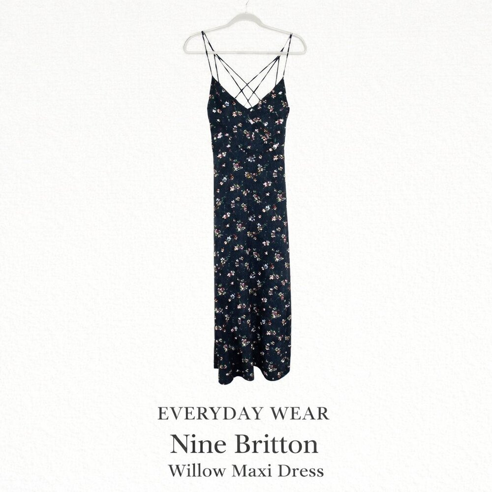 NWOT Nine Britton Willow Strappy Brushed Knit Maxi Dress Sz SP Navy Ditsy Floral